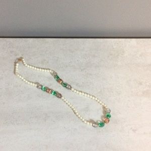 10” Pearl with green, pink, clear beads necklace